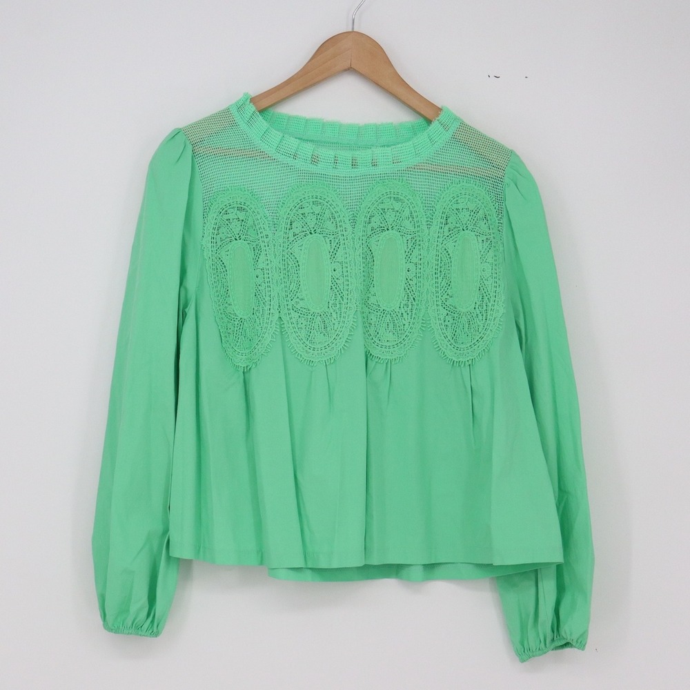 Fashion Blouse Women's S Green Crochet Lace Balloon Sleeve Excellent